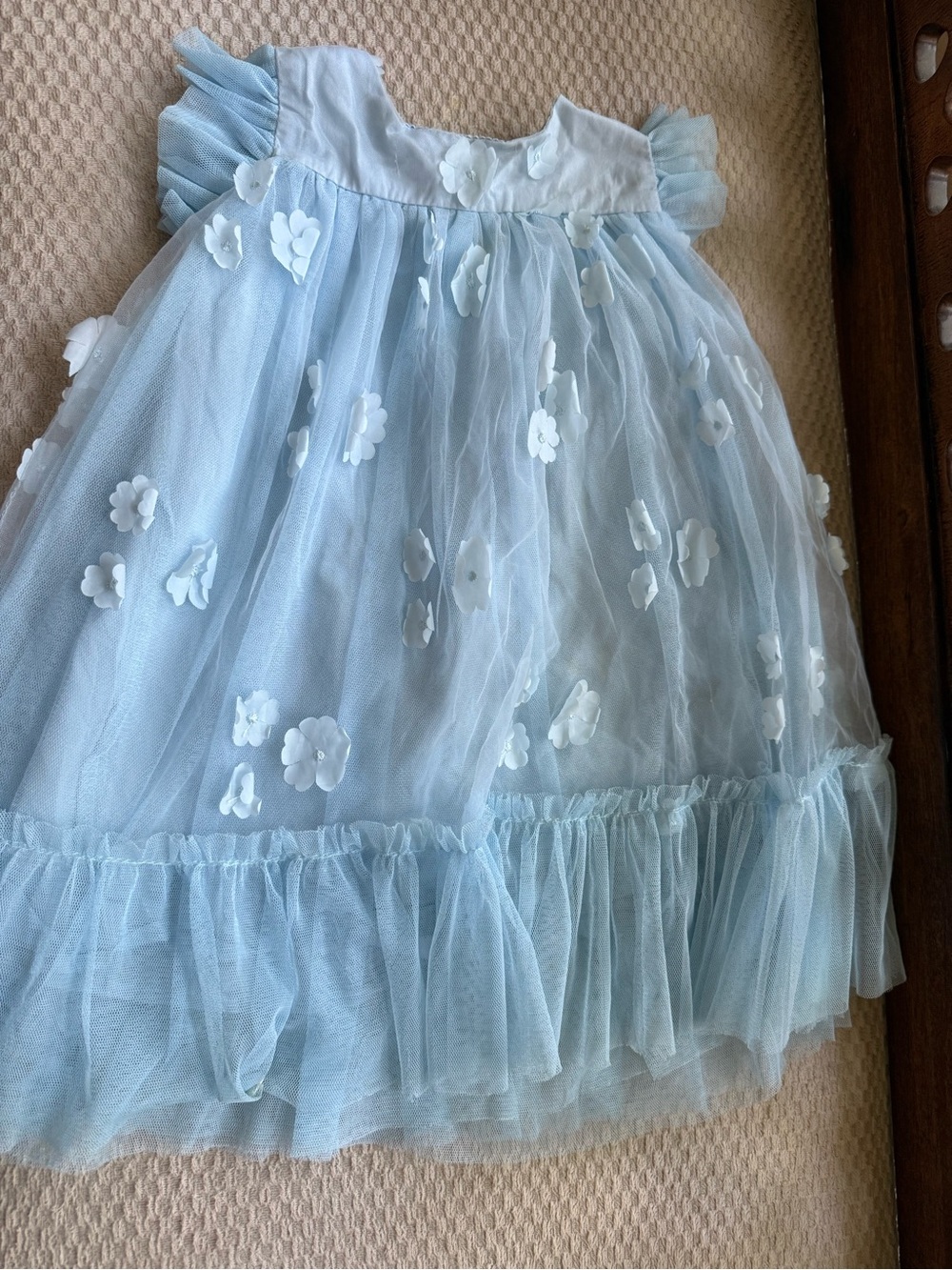 Popatu Baby Blue Tulle Dress with Floral Appliqués